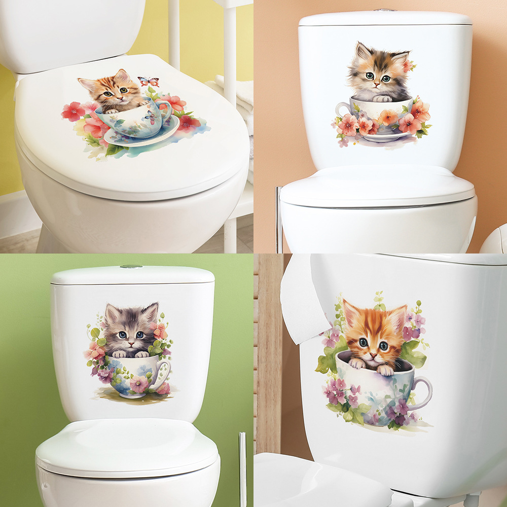 Home Cinema Wall - Leuke theekop kat bloem muursticker toilet