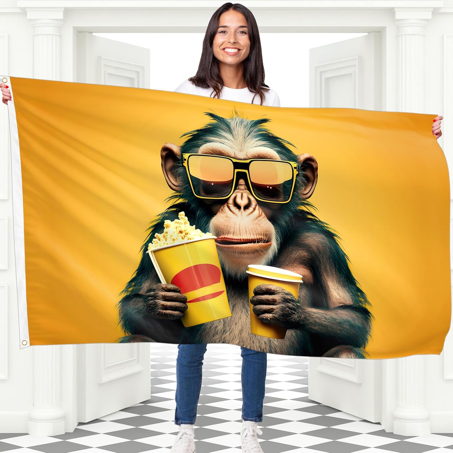 Home Cinema Night - Popcorn Monkey Movie Night Tapestry Banner