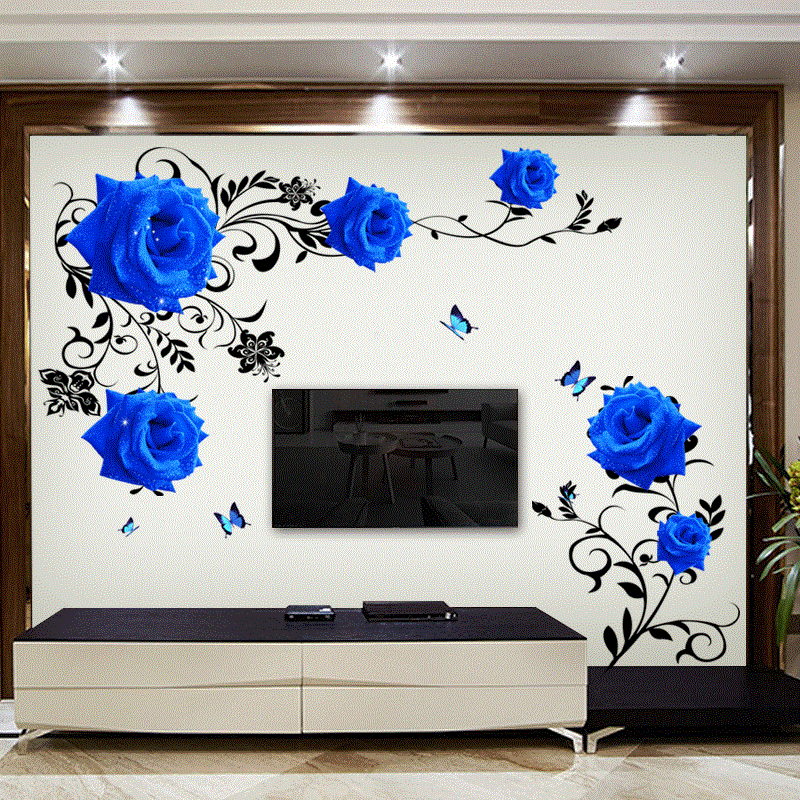 Home Cinema Wall - Groot formaat blauwe roos bloemen muurstickers